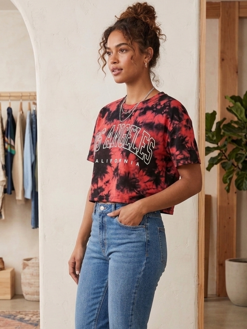 SHEIN Los Angeles Tie-Dye Woman's Tee - Red & Black